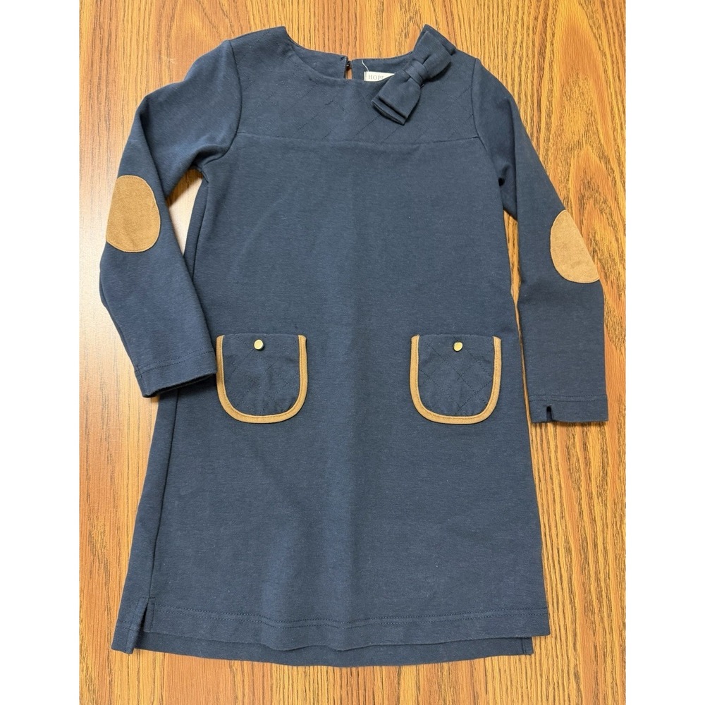 Hope and Henry Girls 6 Blue Quilted Riding Ponte Riding Dress Tan Elbow Patches - Picture 1 of 6